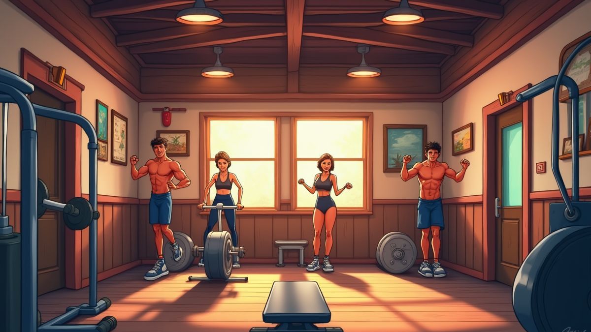 Retro-style gym interior with animated fitness enthusiasts.