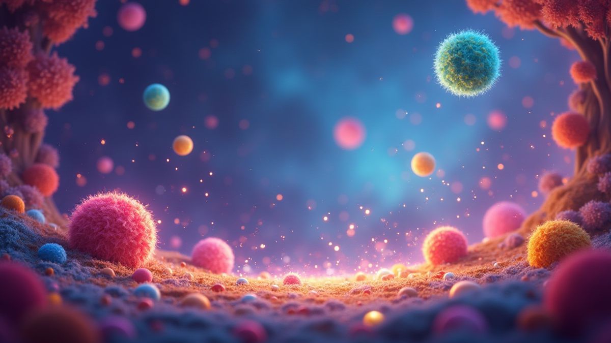 A colorful scene with bouncing balls and magical sparks.