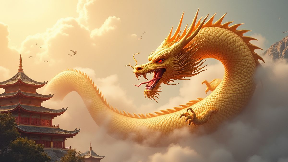 Dragón dorado sobre un templo chino tradicional.