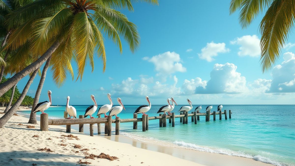 Ein tropischer Strand mit Pelikanen, die auf Holzpfosten sitzen.