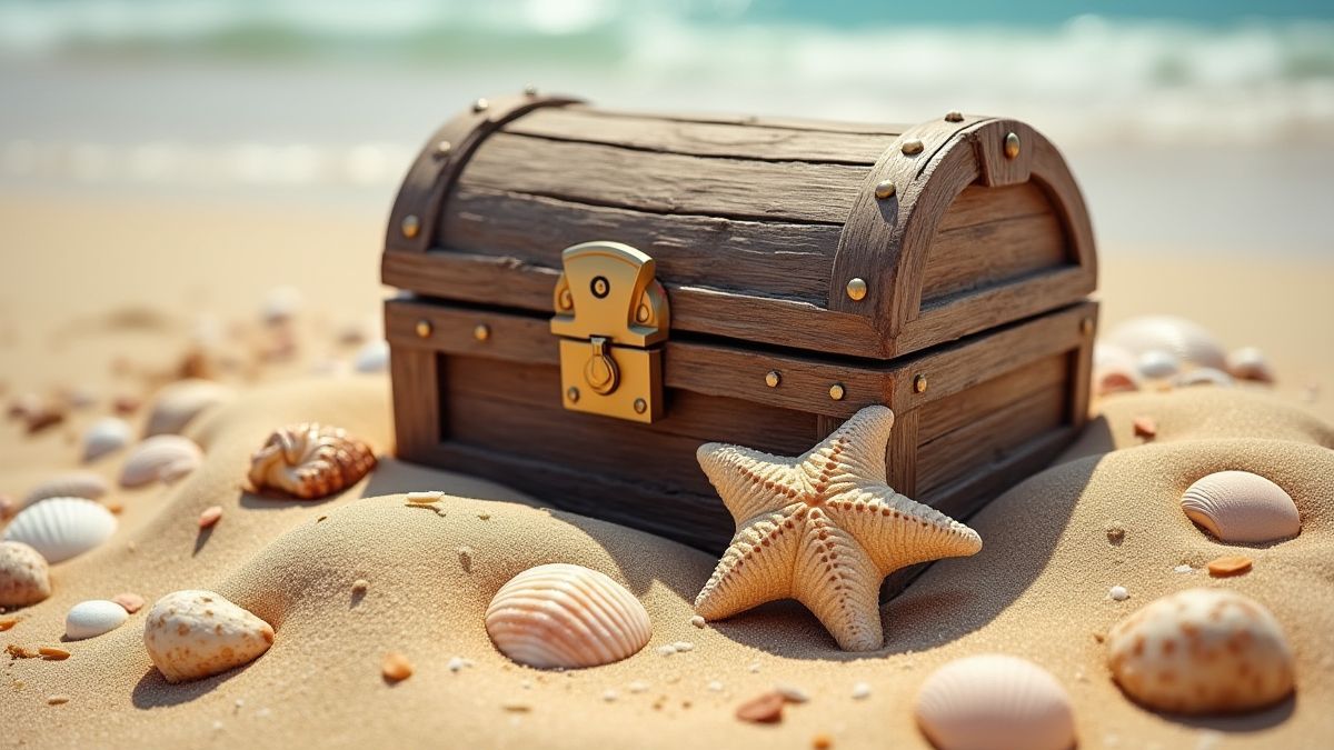 Eine Strand-Szene mit einer halbeingebuddelten Schatztruhe im Sand.