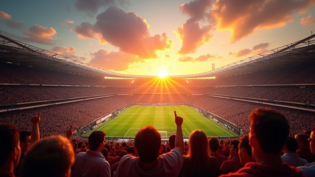 Estádio de futebol cheio de aficionados sob um pôr do sol.