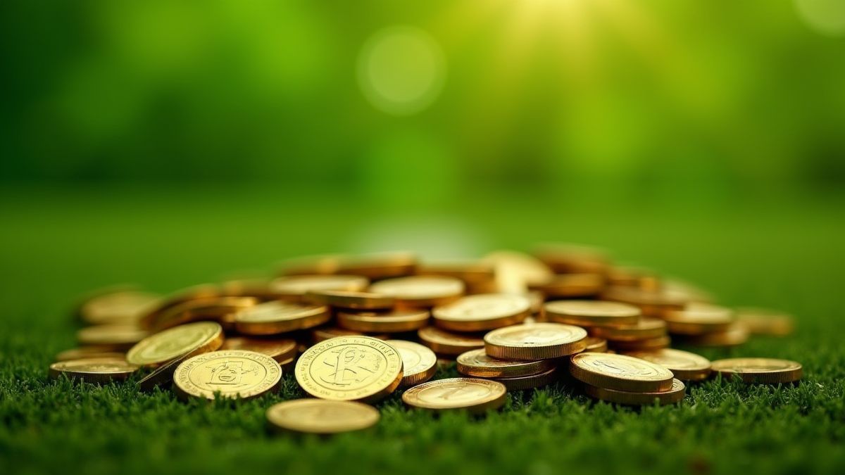 Monedas douradas sobre um campo de futebol verde.