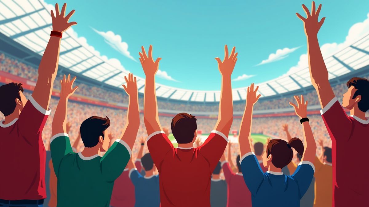 Multidão animada celebrando em um estádio de futebol.