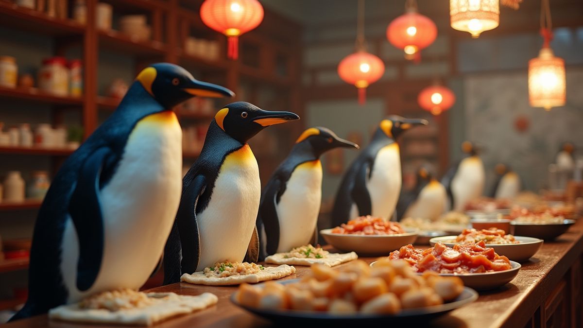 Pinguine, die in einer traditionellen chinesischen Küche arbeiten.