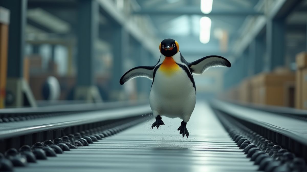 Ein Pinguin, der über Förderbänder in einer Fabrik springt.