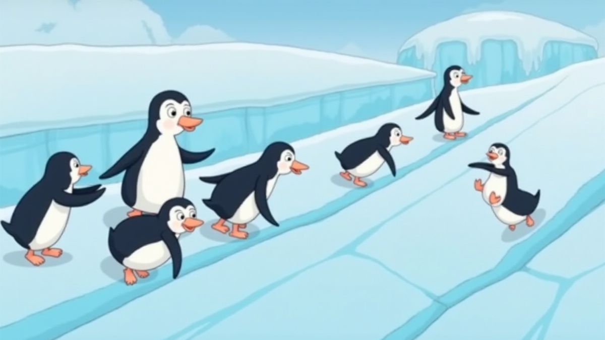 Pinguins deslizandose por pendientes heladas no ártico.