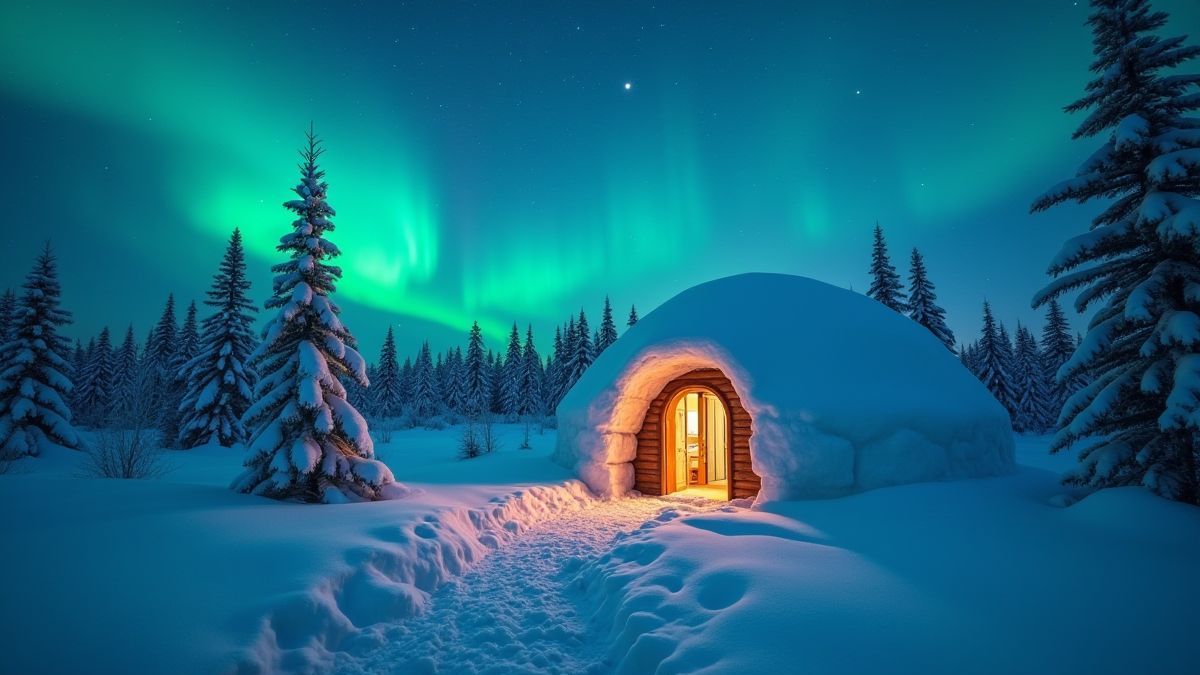 Um iglu cercado de neve sob a aurora boreal.