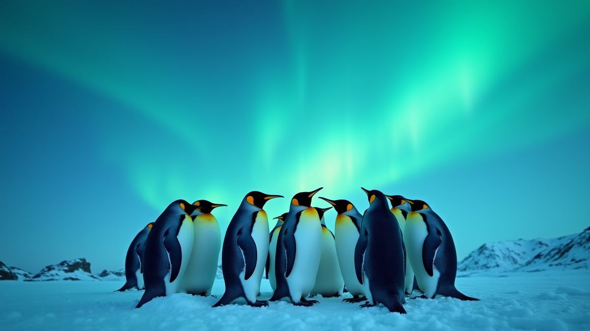 Penguins gathered under the aurora borealis.