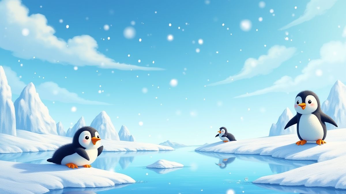 Snowy landscape with penguins sliding on ice.