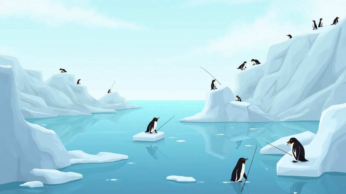 Icy landscape with penguins fishing and playing on icebergs.