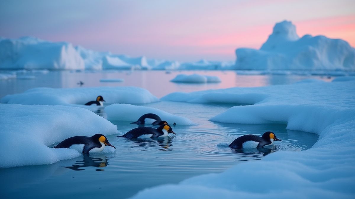 Penguins fishing in ice holes under a twilight sky.