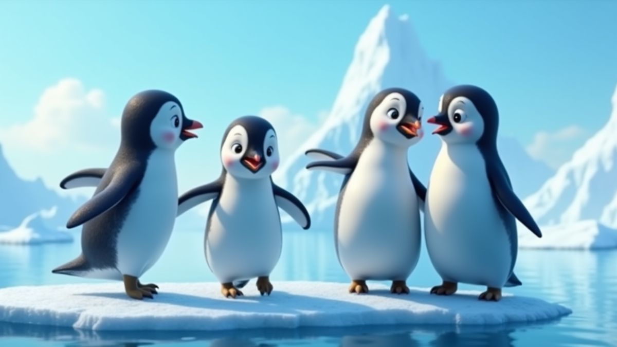 Pingüinos animados bailando sobre un iceberg en aguas árticas.