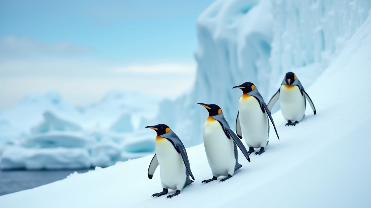 Pingüinos felices deslizándose por una pendiente helada en el Ártico.