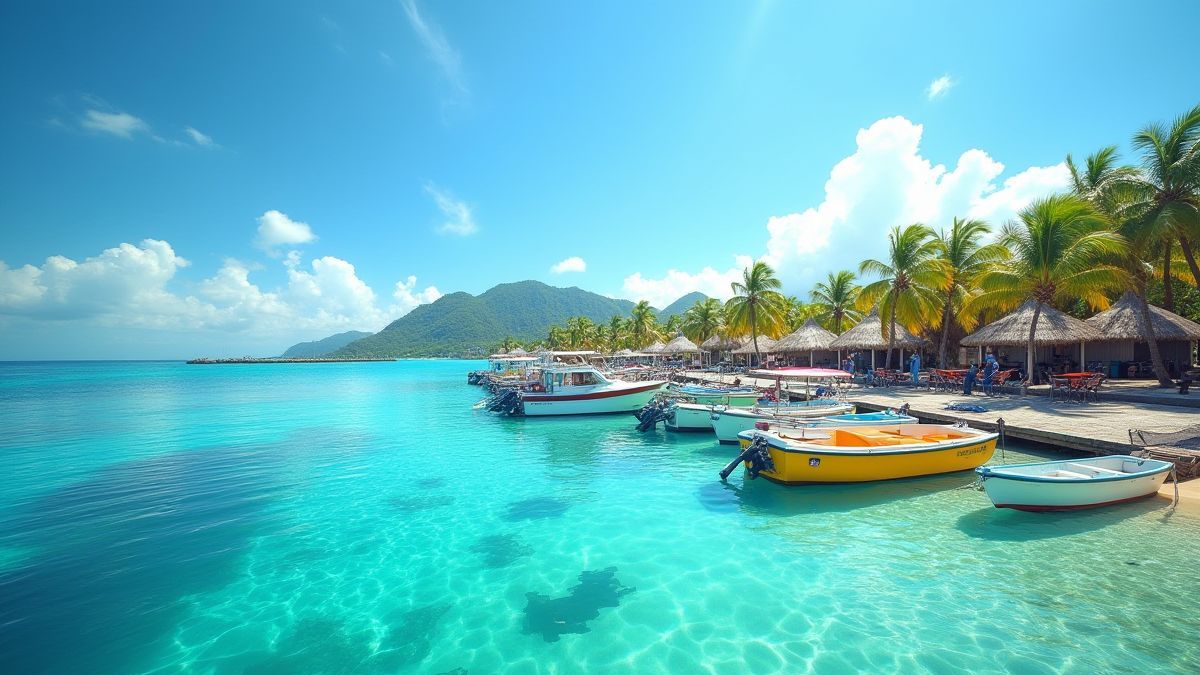 Port tropical avec des bateaux colorés et de l'eau cristalline sous un ciel ensoleillé.