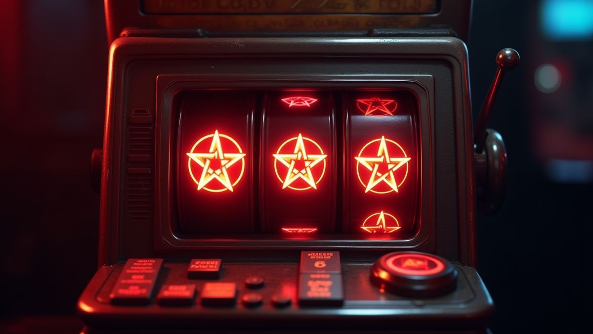 Máquina tragaperras clásica con símbolos de pentagrama iluminados.
