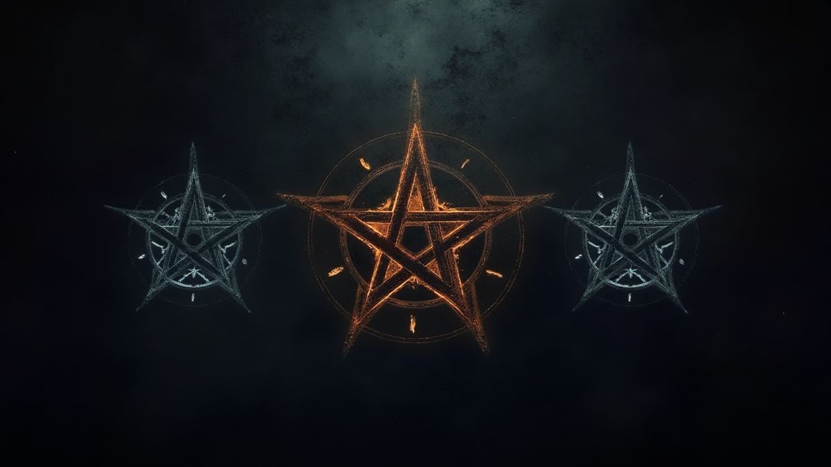 Fondo místico oscuro con símbolos brillantes de pentagramas y estrellas.