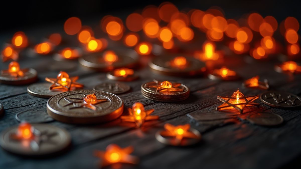 Monedas y símbolos de pentagrama brillantes sobre una mesa.