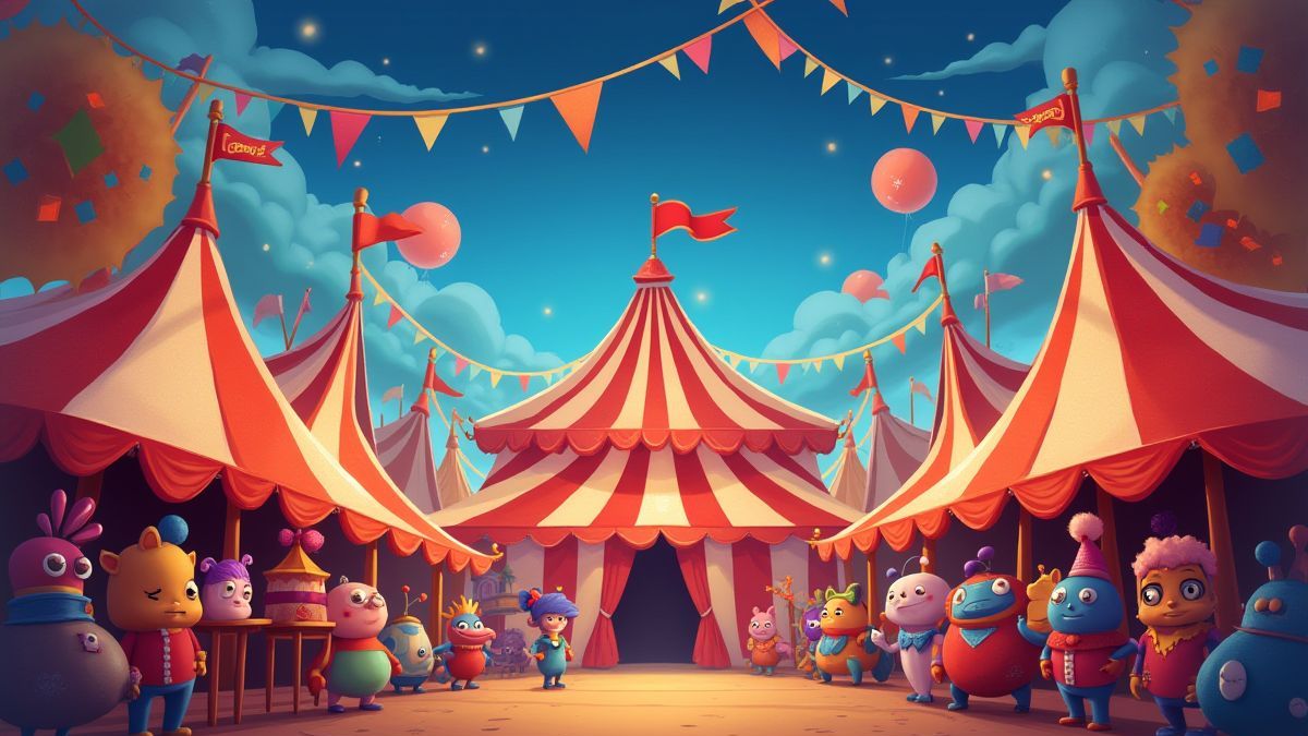Un carnaval animado con luces brillantes y personajes divertidos.