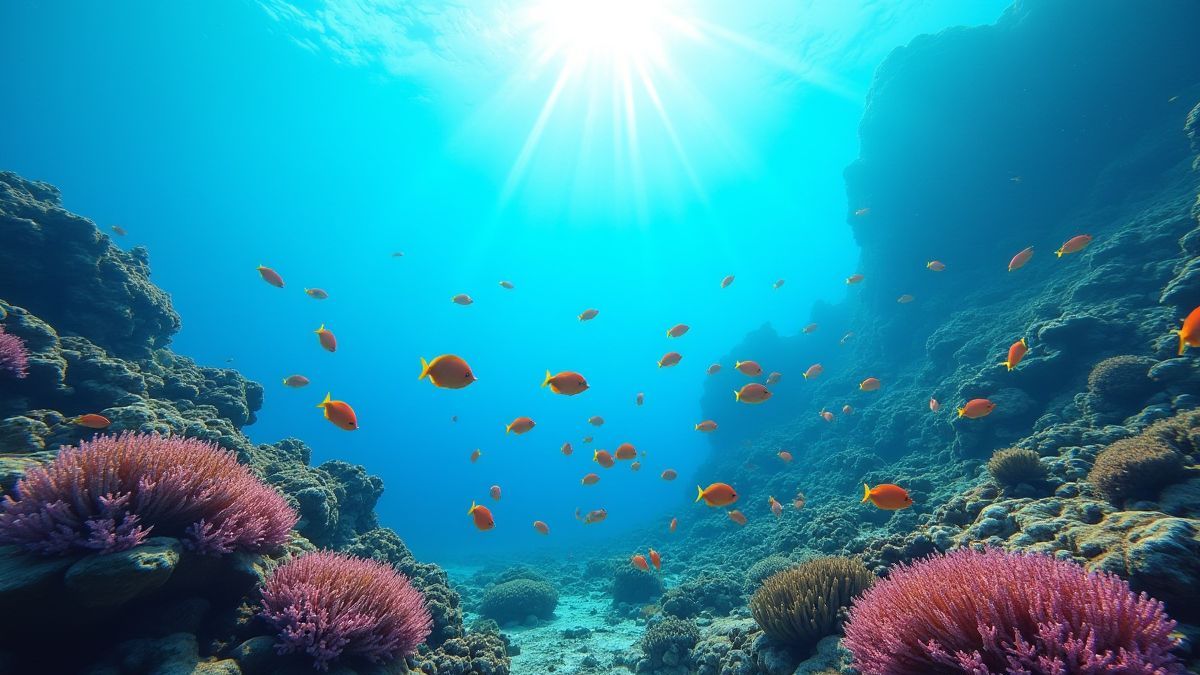 Escena submarina vibrante con peces y arrecifes de coral.