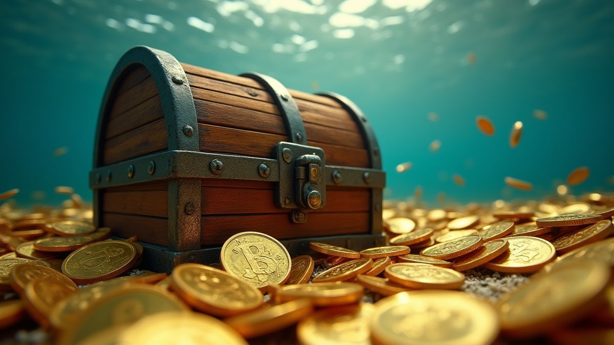 Cofre del tesoro rodeado de monedas doradas bajo el agua.