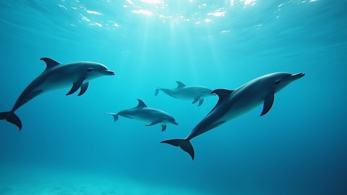 Escena submarina con delfines juguetones saltando cerca de la superficie.