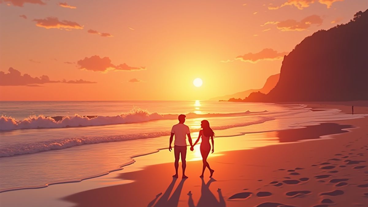 Pareja paseando por la playa al atardecer.