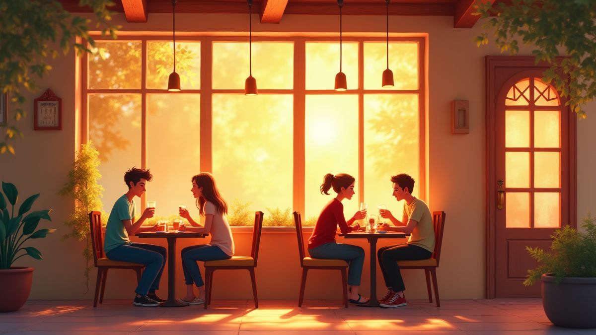 Café acogedor con parejas disfrutando.