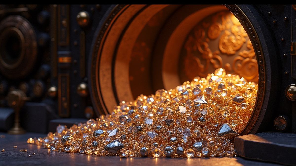 Een kluis vol kostbare edelstenen en gouden details.