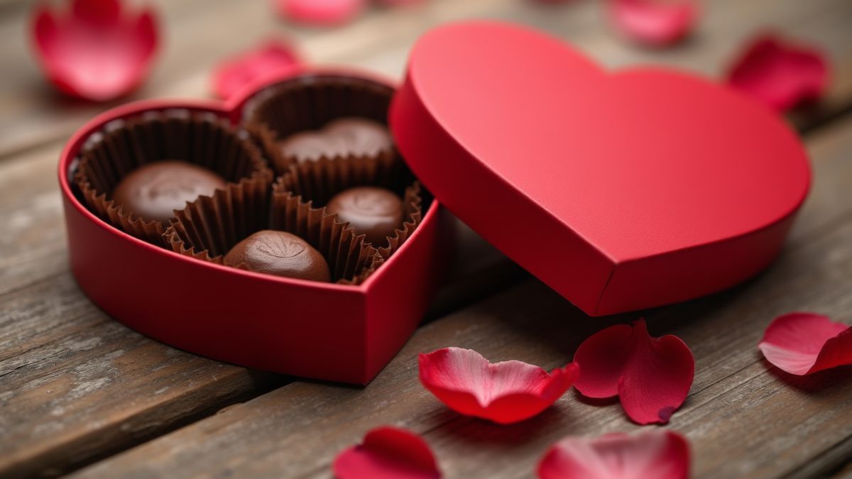 Heart-shaped box of chocolates with petals around.