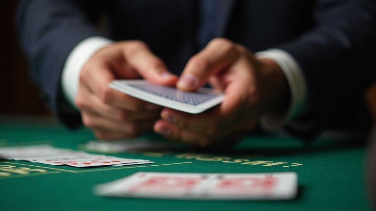Een croupier die Blackjack kaarten schudt.