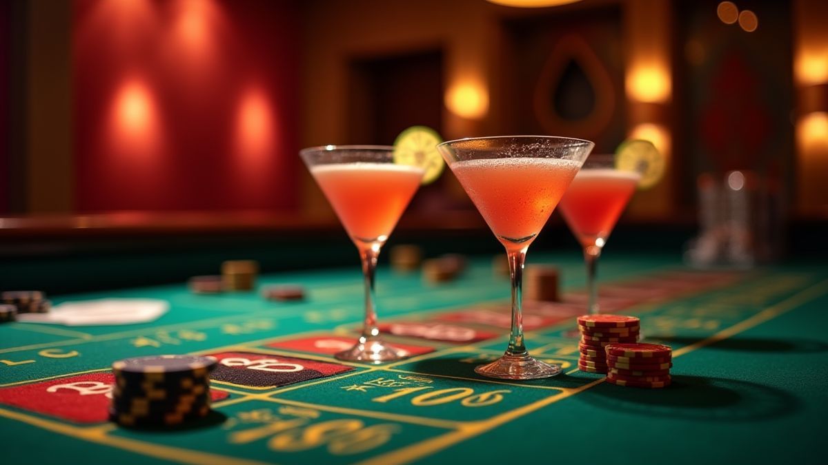 Elegante casinotafel met fiches en cocktails.