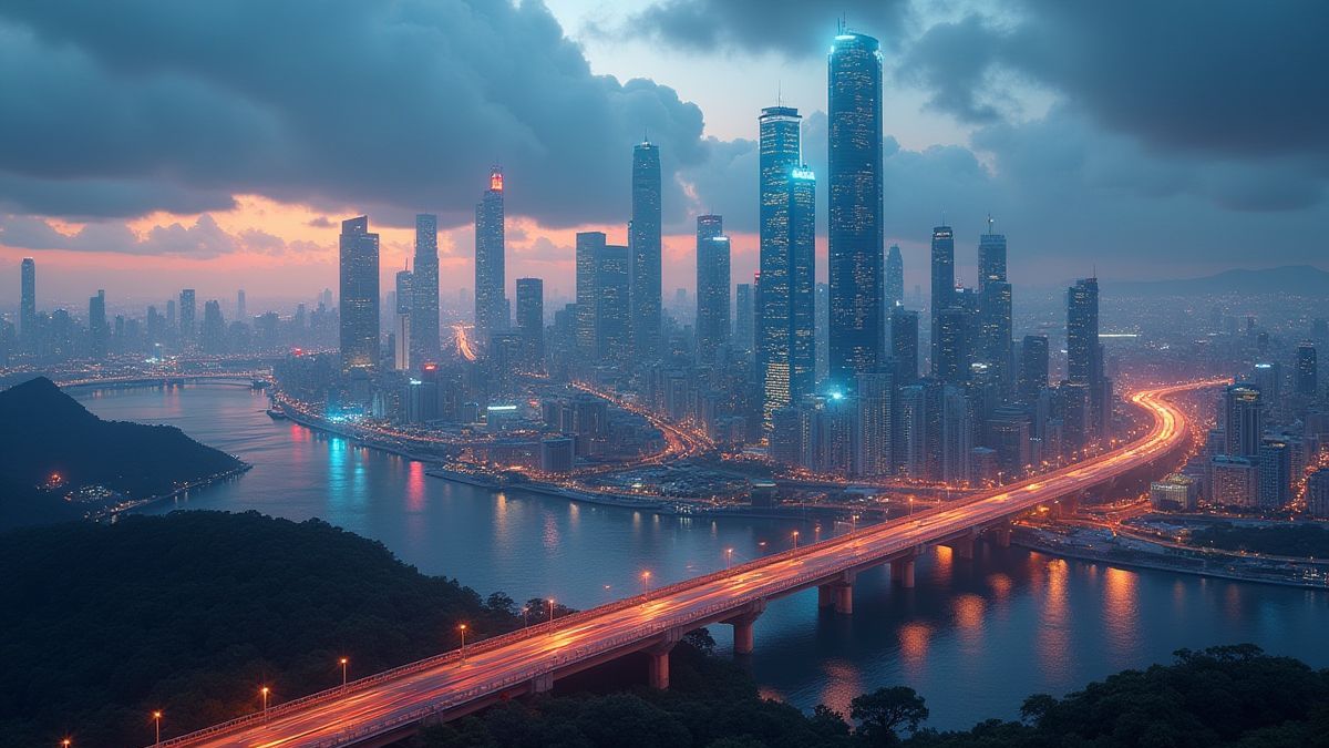 A futuristic city with glowing skyscrapers and advanced transportation.