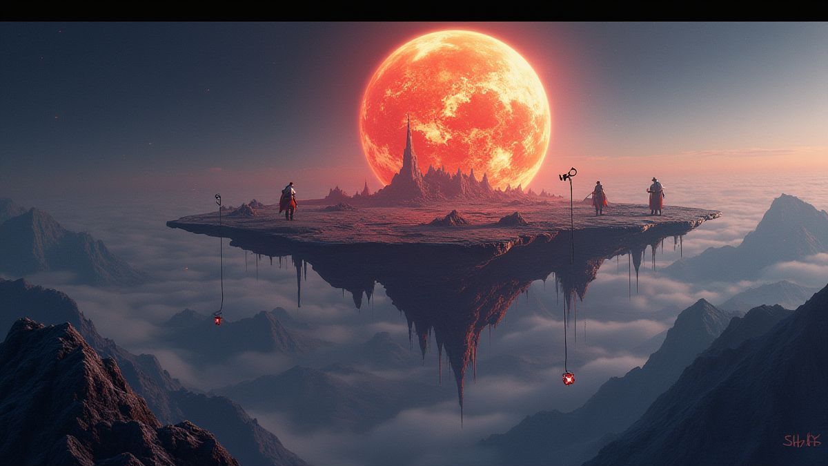 A glowing planet with floating islands and advanced robotic life forms.