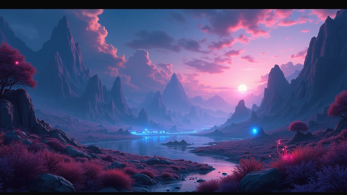 Bright futuristic landscape with advanced technology and alien flora.