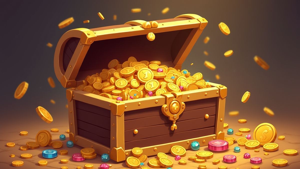 Cofre del tesoro lleno de monedas de oro y joyas.
