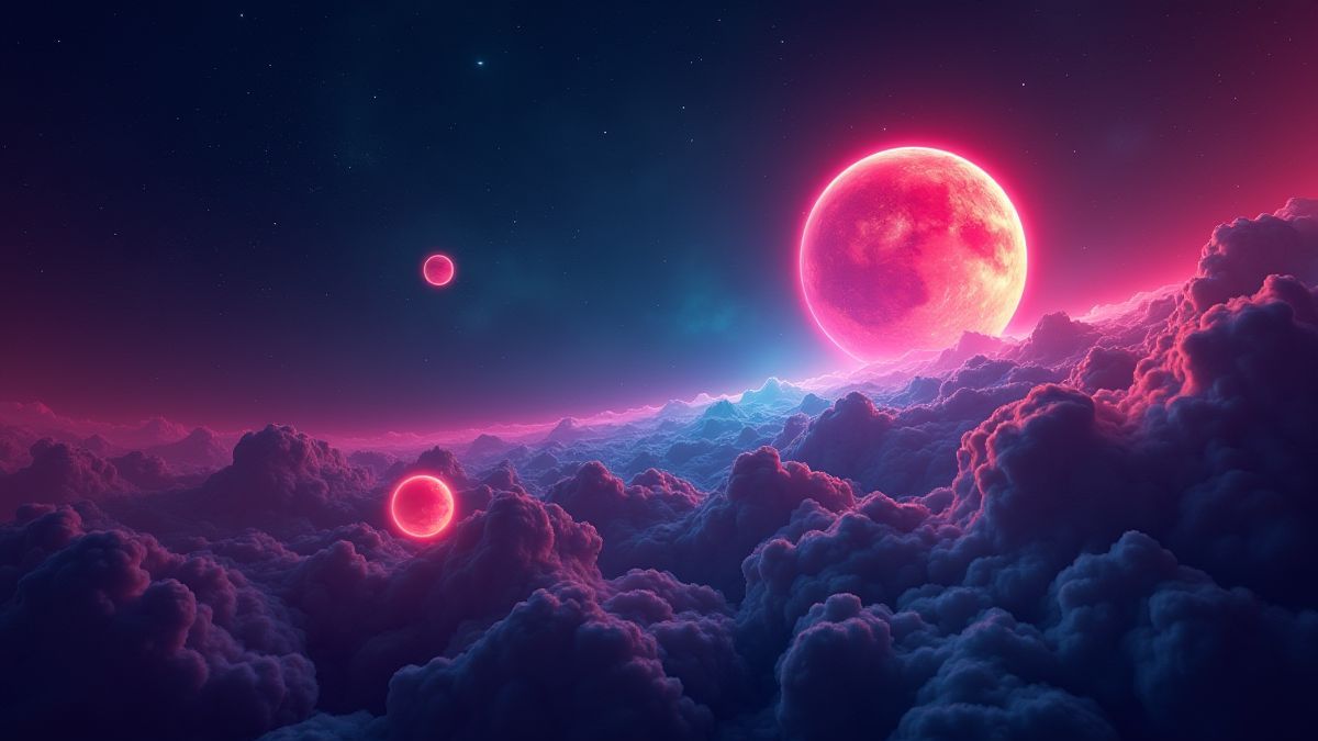 Neonplaneten, die im Raum schweben.