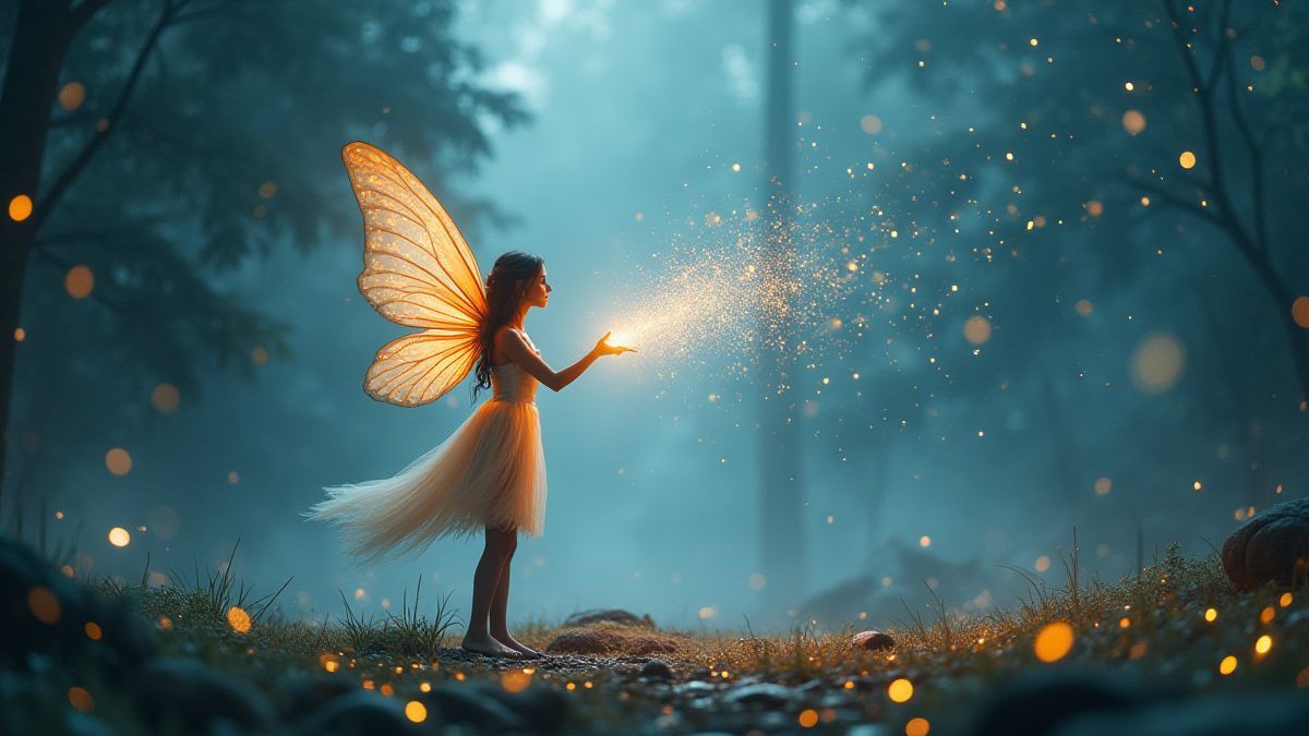 Leuchtende Fee, die glänzenden Staub in einer futuristischen Landschaft streut.