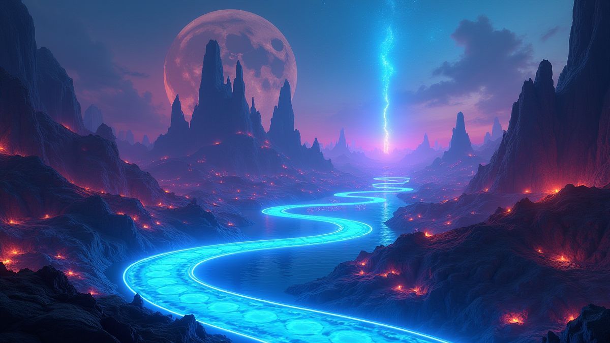 Futuristisches Neverland mit Neonflüssen und schwebenden Inseln.