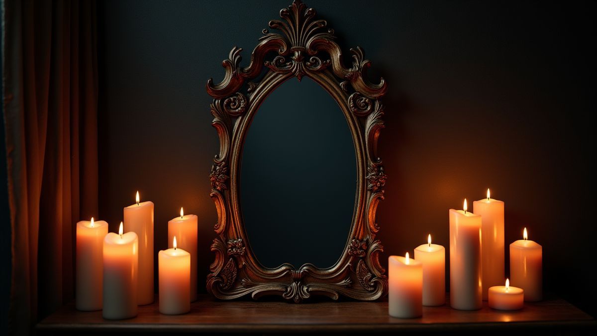 Gotische spiegel omringd door kaarsen in een donkere, mysterieuze kamer.