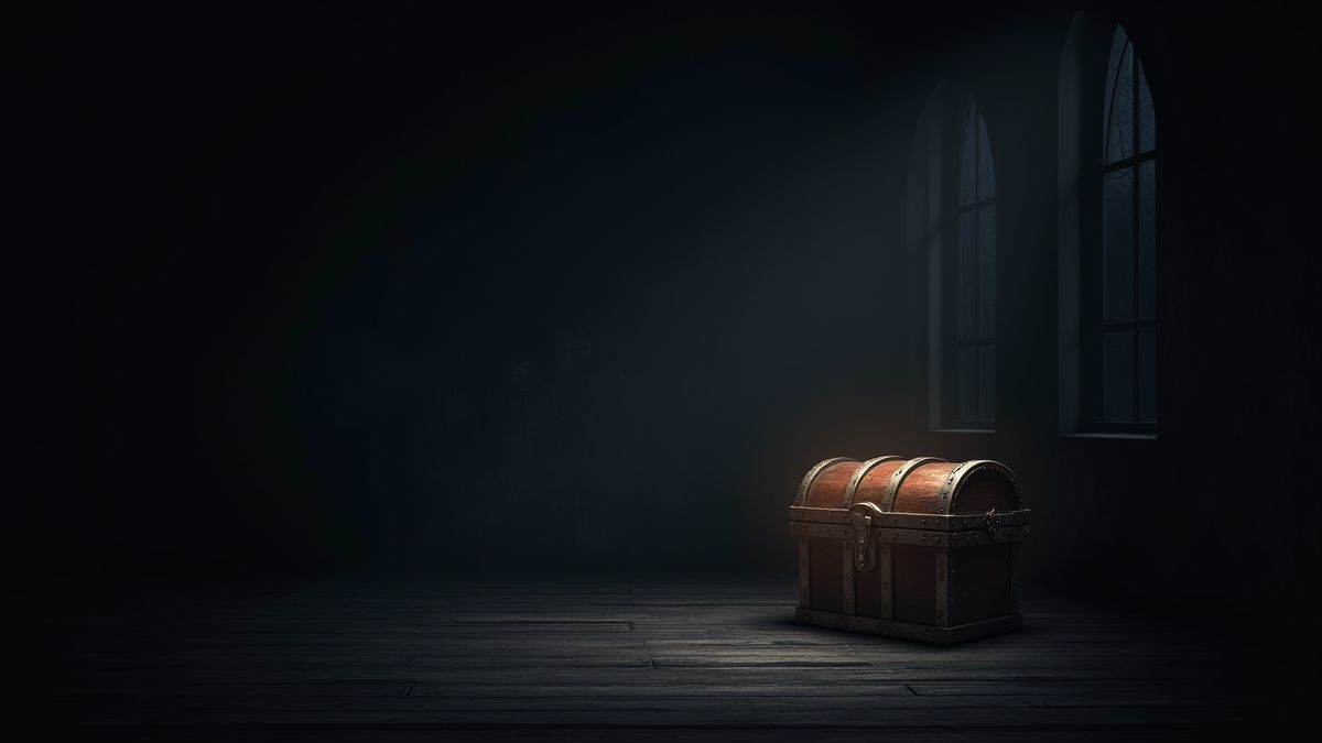 Donkere kamer met een zwak gloeiende schatkist.
