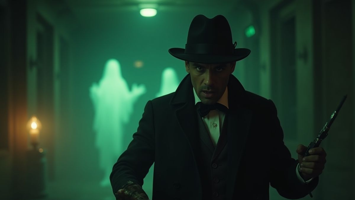 Caçador de fantasmas vitoriano capturando espectros.