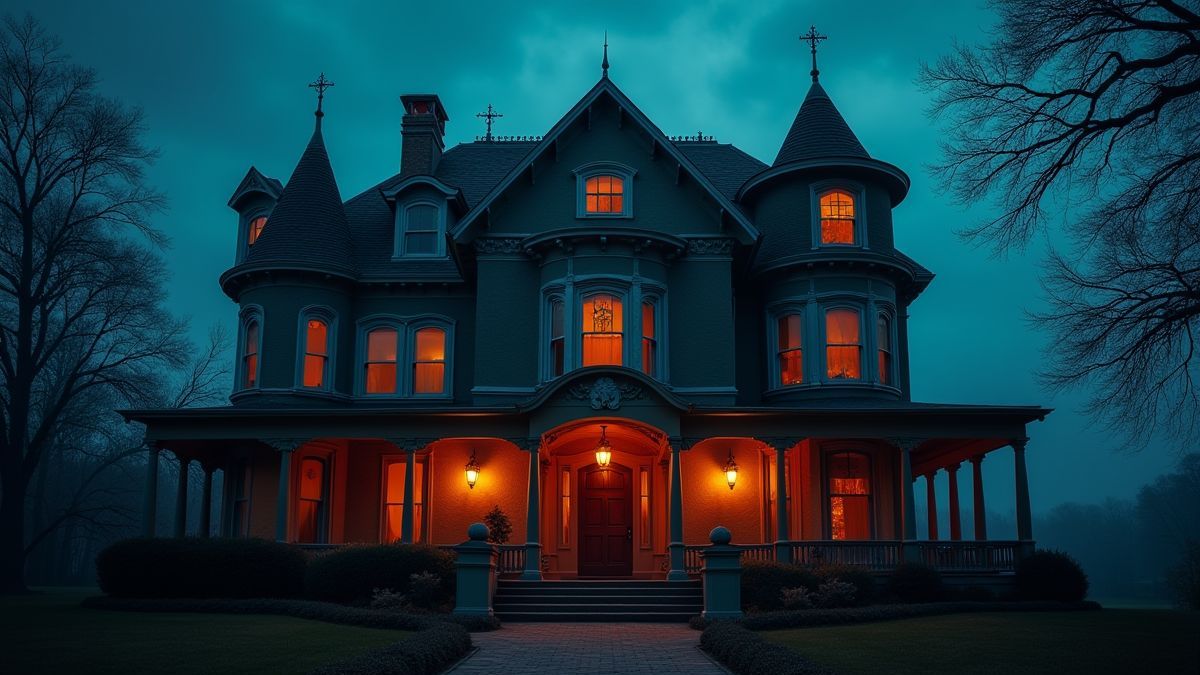 Mansão vitoriana assombrada com luzes fantasmagóricas.