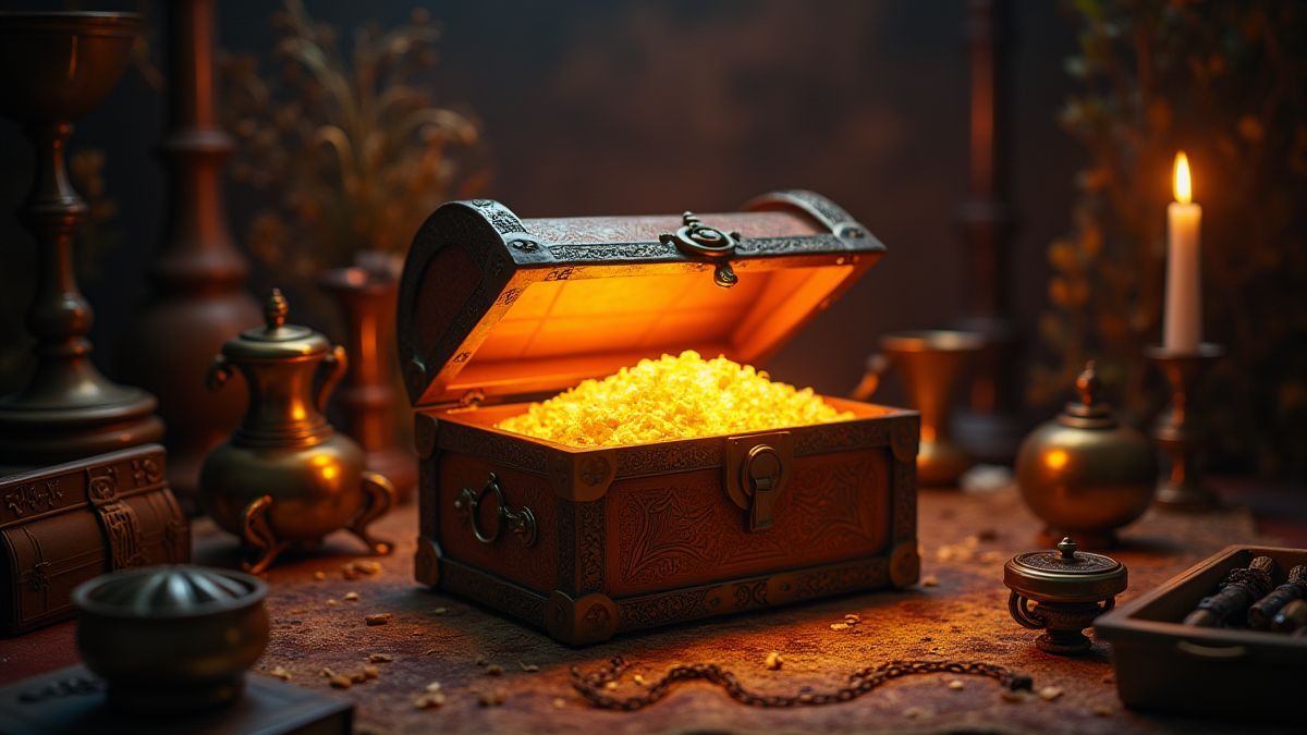 Um cofre do tesouro brilhante rodeado de objetos da época vitoriana.