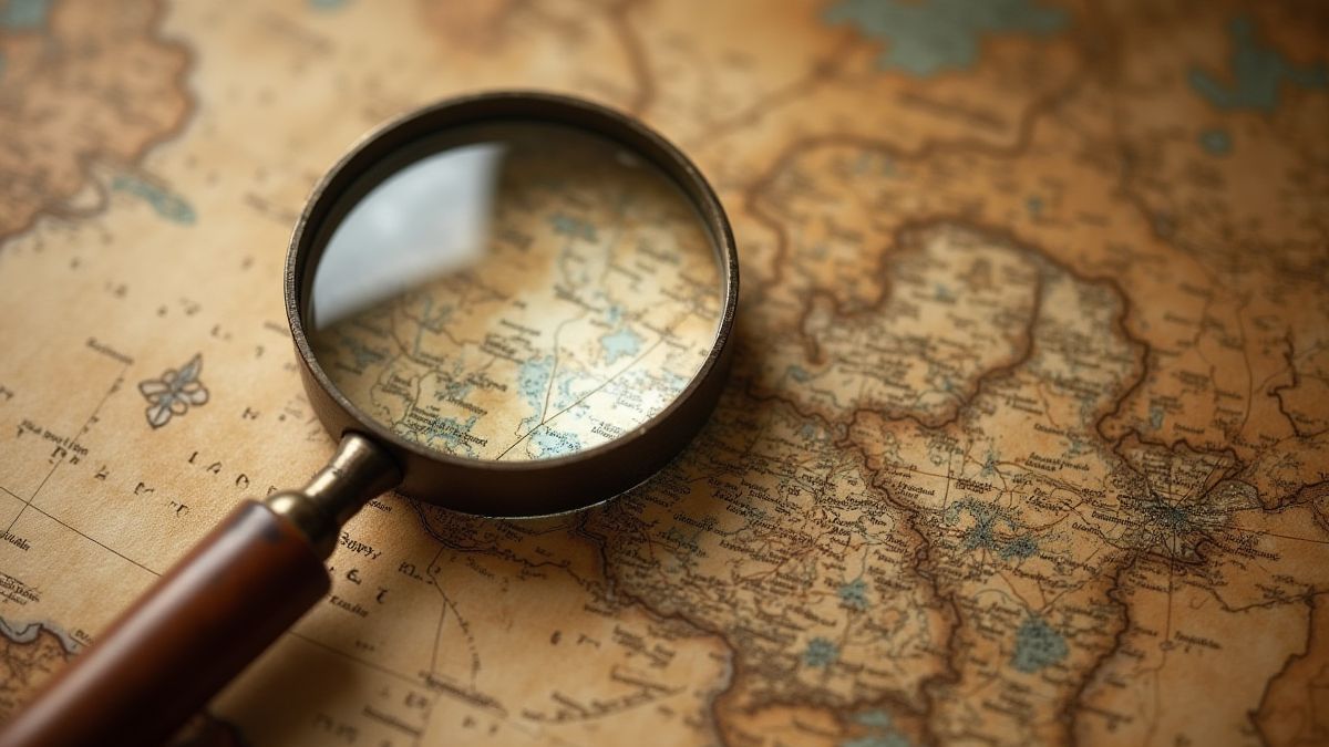 Uma lupa sobre mapas antigos e pistas.