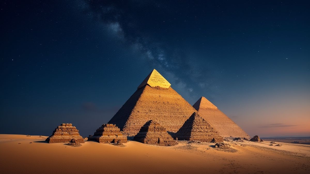 Golden pyramids under a starry sky.