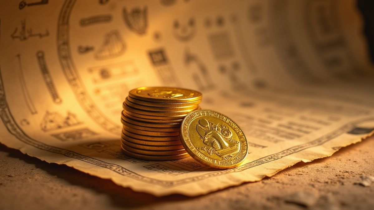 Stacked coins on an Egyptian scroll.