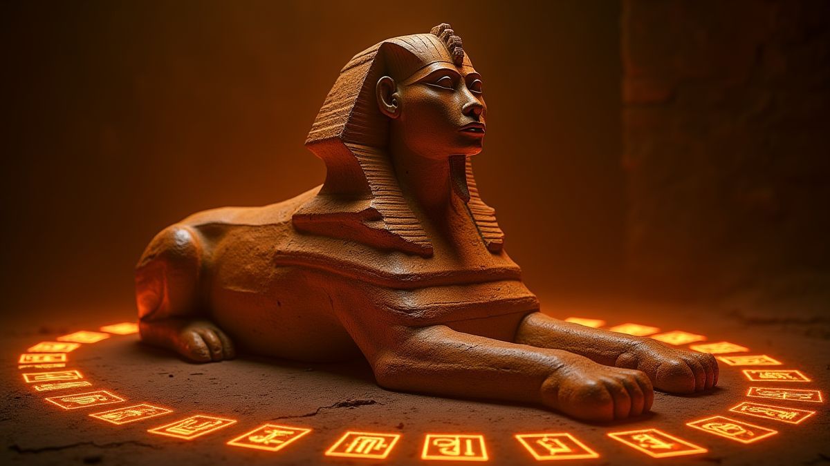 Une esfinge égyptienne entourée de hiéroglyphes brillants.