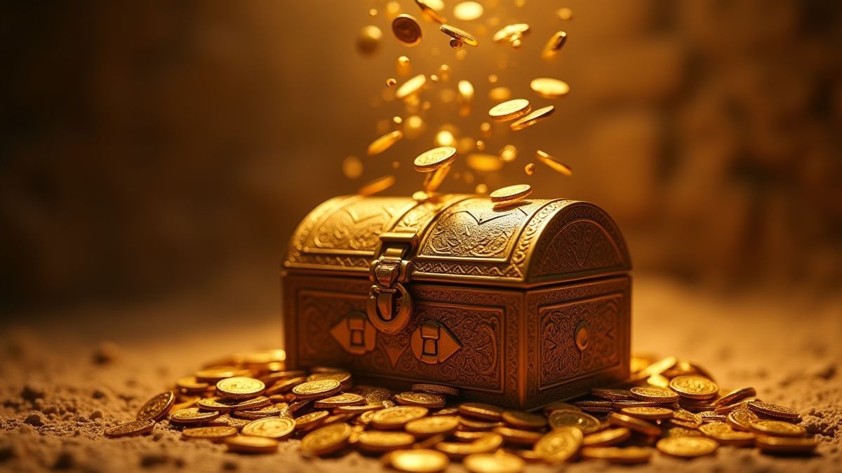 Monnaies dorées tombant sur un coffre au trésor égyptien.