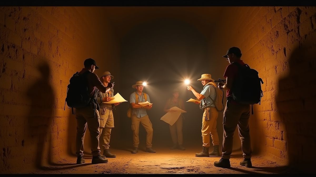 Explorateurs avec des cartes et des lampes de poche dans une tombe égyptienne.